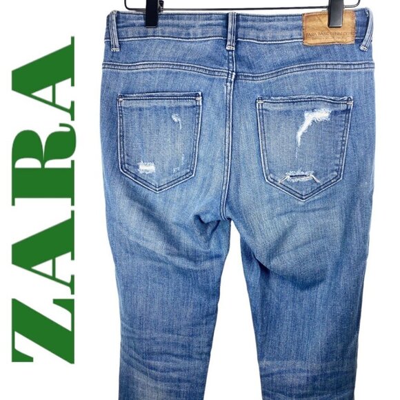 ZARA Basic Z1975 Distressed Busted Knee Mid-Rise Skinny Jeans Fringe Hem Size 4 - Picture 4 of 9